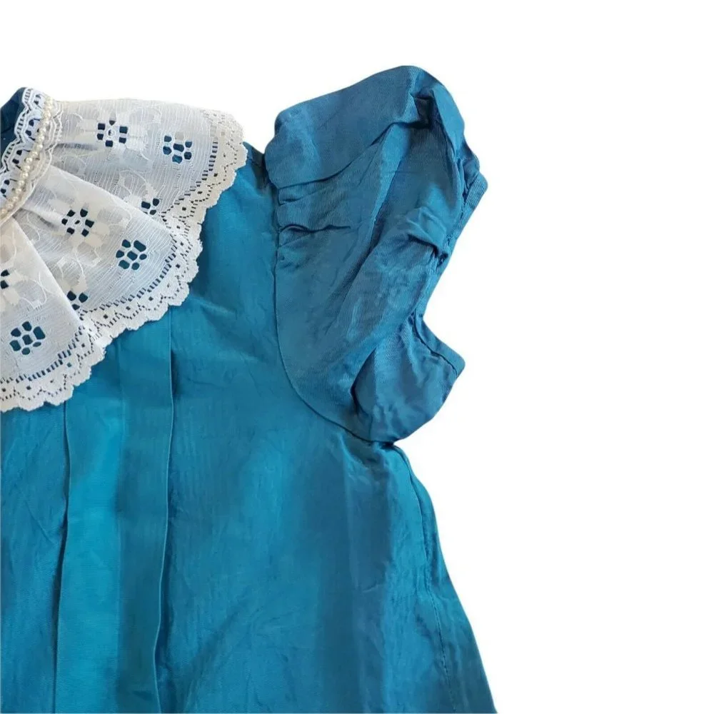 Vintage Girls XS 4/5 Taffeta Teal‎ Blue Green Lace Collared Dress Pleated